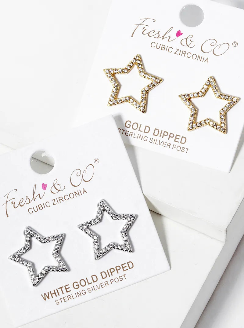 Celestial-Theme 18K-Gold-Dipped Pave-Set Cubic-Zirconia Cutout Star Stud Earrings