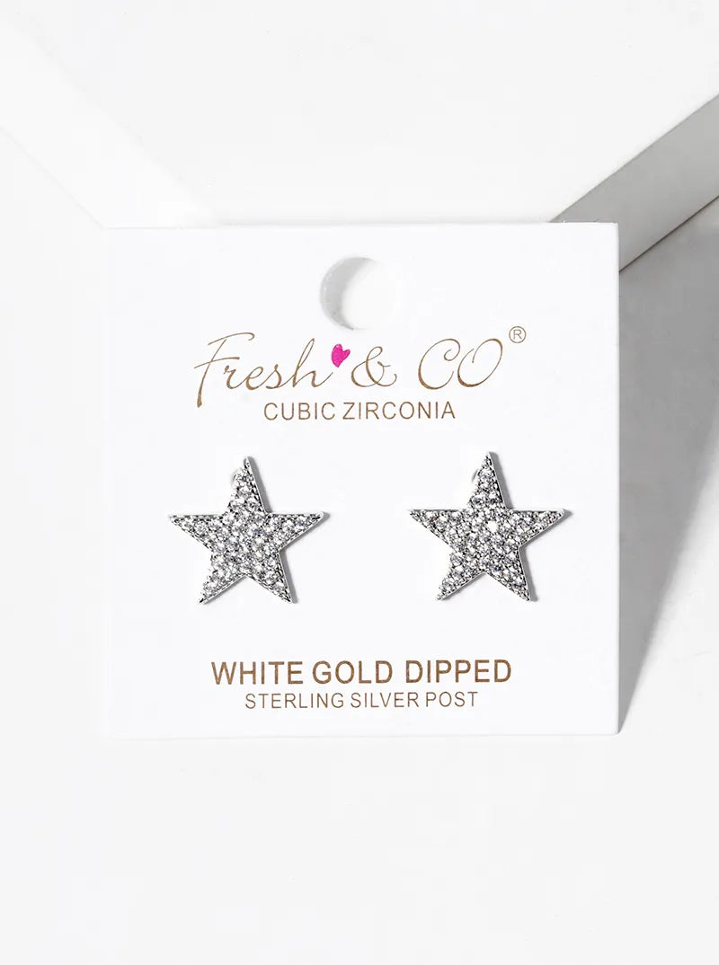 Celestial-Theme 18K-Gold-Dipped Pave-Set Cubic-Zirconia Star Stud Earrings