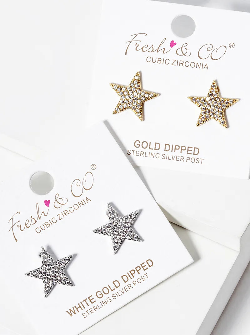 Celestial-Theme 18K-Gold-Dipped Pave-Set Cubic-Zirconia Star Stud Earrings