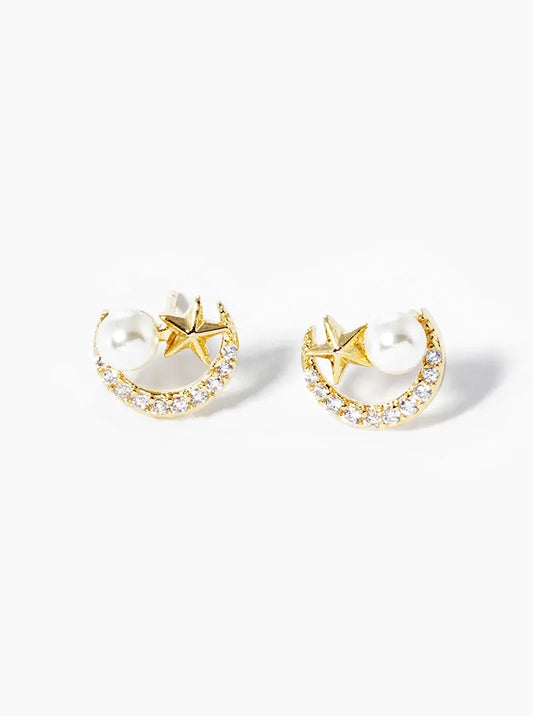 Celestial-Theme 18K-Gold-Dipped Pearl CZ Pave Moon And Star Stud Earrings