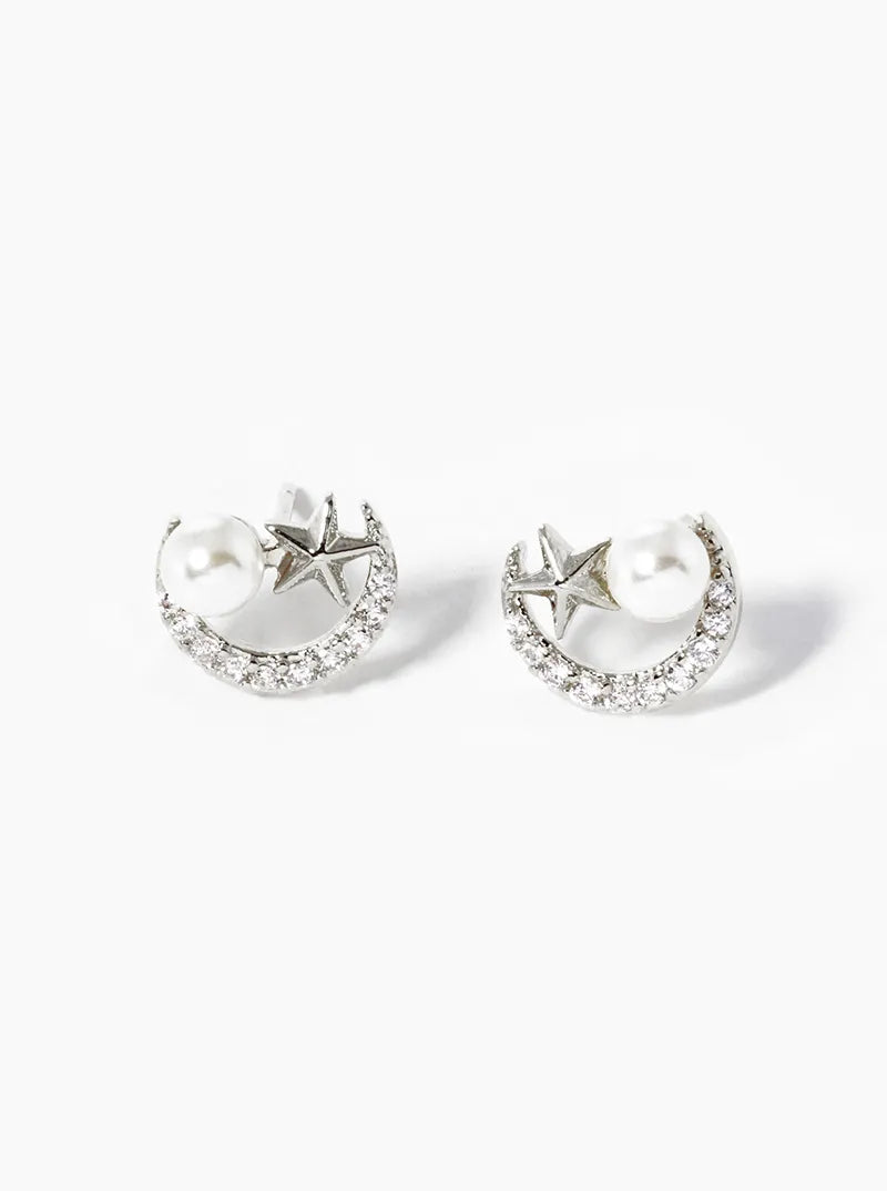 Celestial-Theme 18K-Gold-Dipped Pearl CZ Pave Moon And Star Stud Earrings