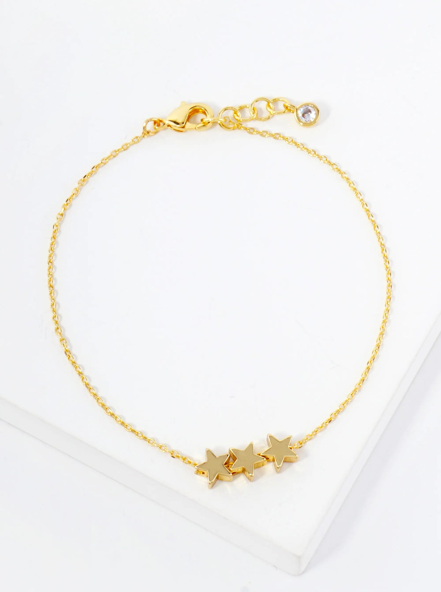 Celestial-Theme 5mm Polished Brass Three-Star Accents 18K-Gold-Dipped Chain Bracelet