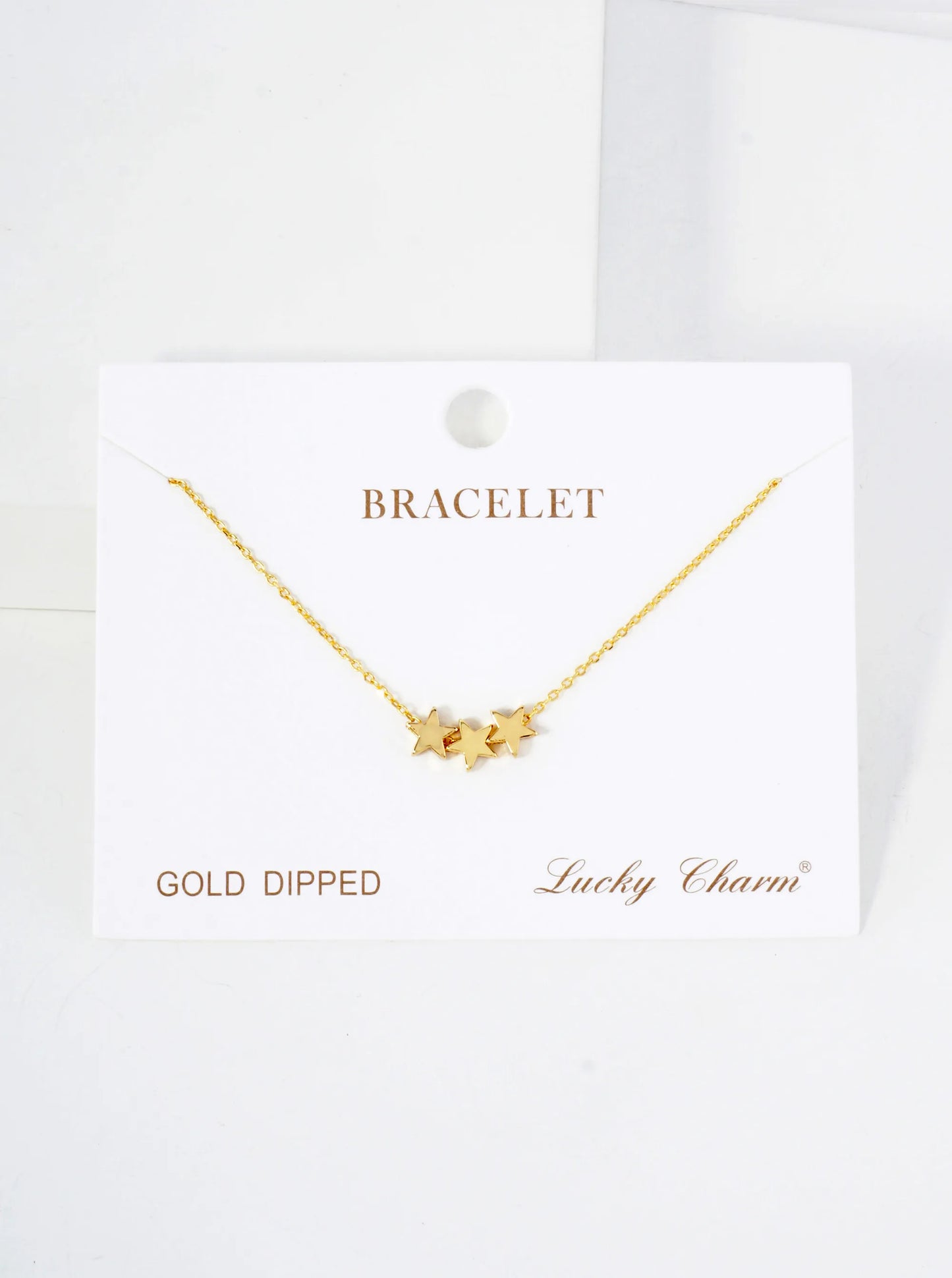 Celestial-Theme 5mm Polished Brass Three-Star Accents 18K-Gold-Dipped Chain Bracelet