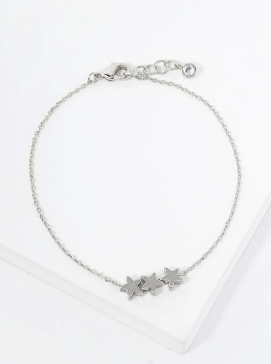 Celestial-Theme 5mm Polished Brass Three-Star Accents 18K-Gold-Dipped Chain Bracelet