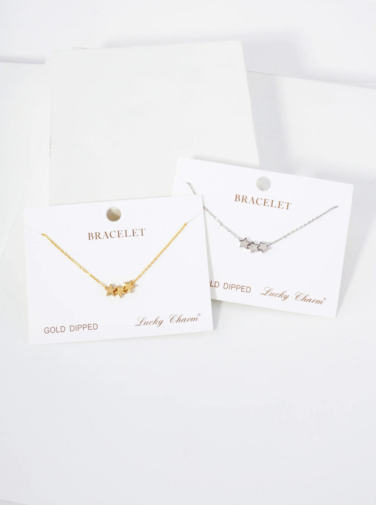 Celestial-Theme 5mm Polished Brass Three-Star Accents 18K-Gold-Dipped Chain Bracelet