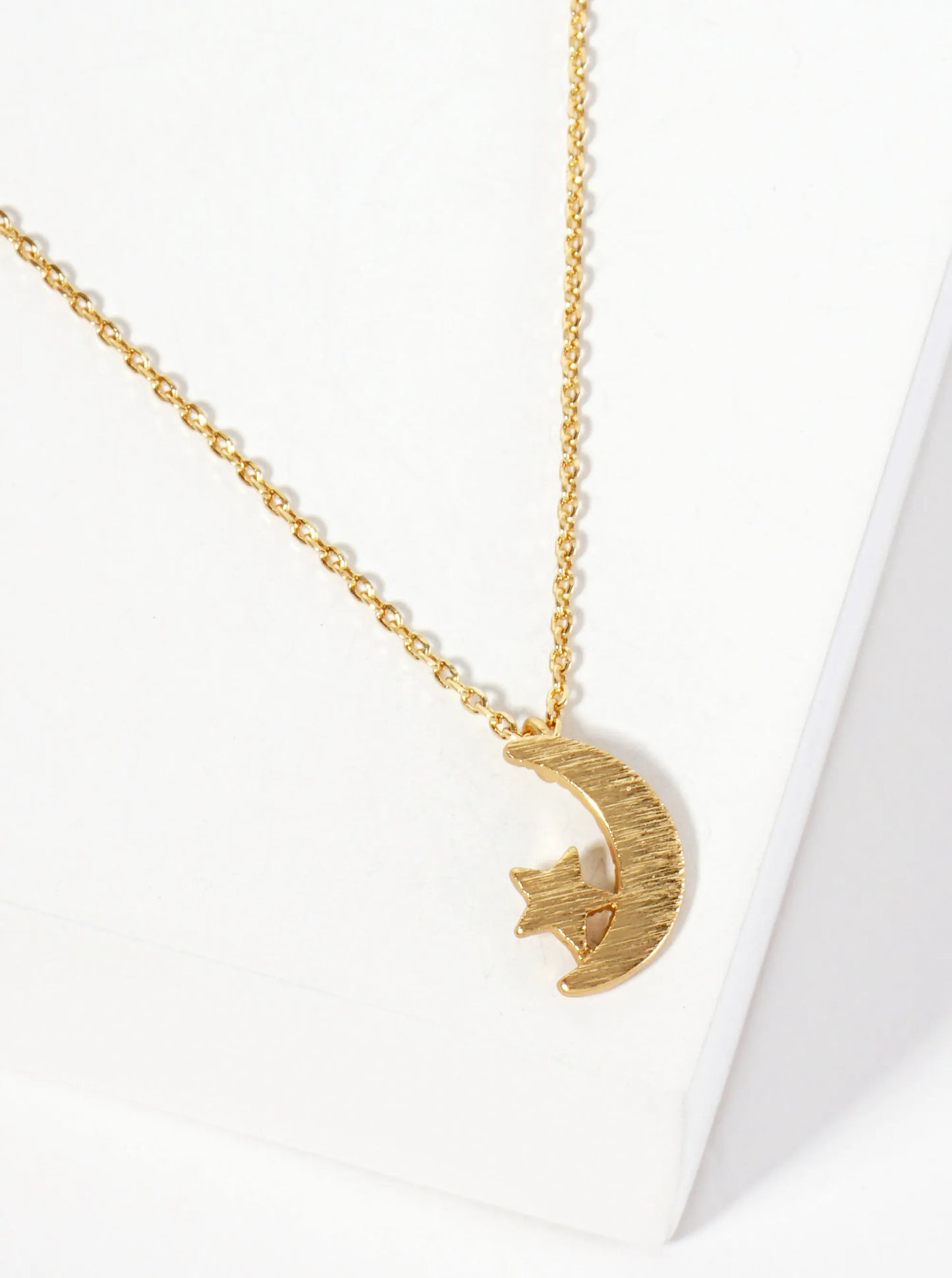 Celestial-Theme Brushed-Texture Moon And Star Pendant 18K-Gold-Dipped Necklace