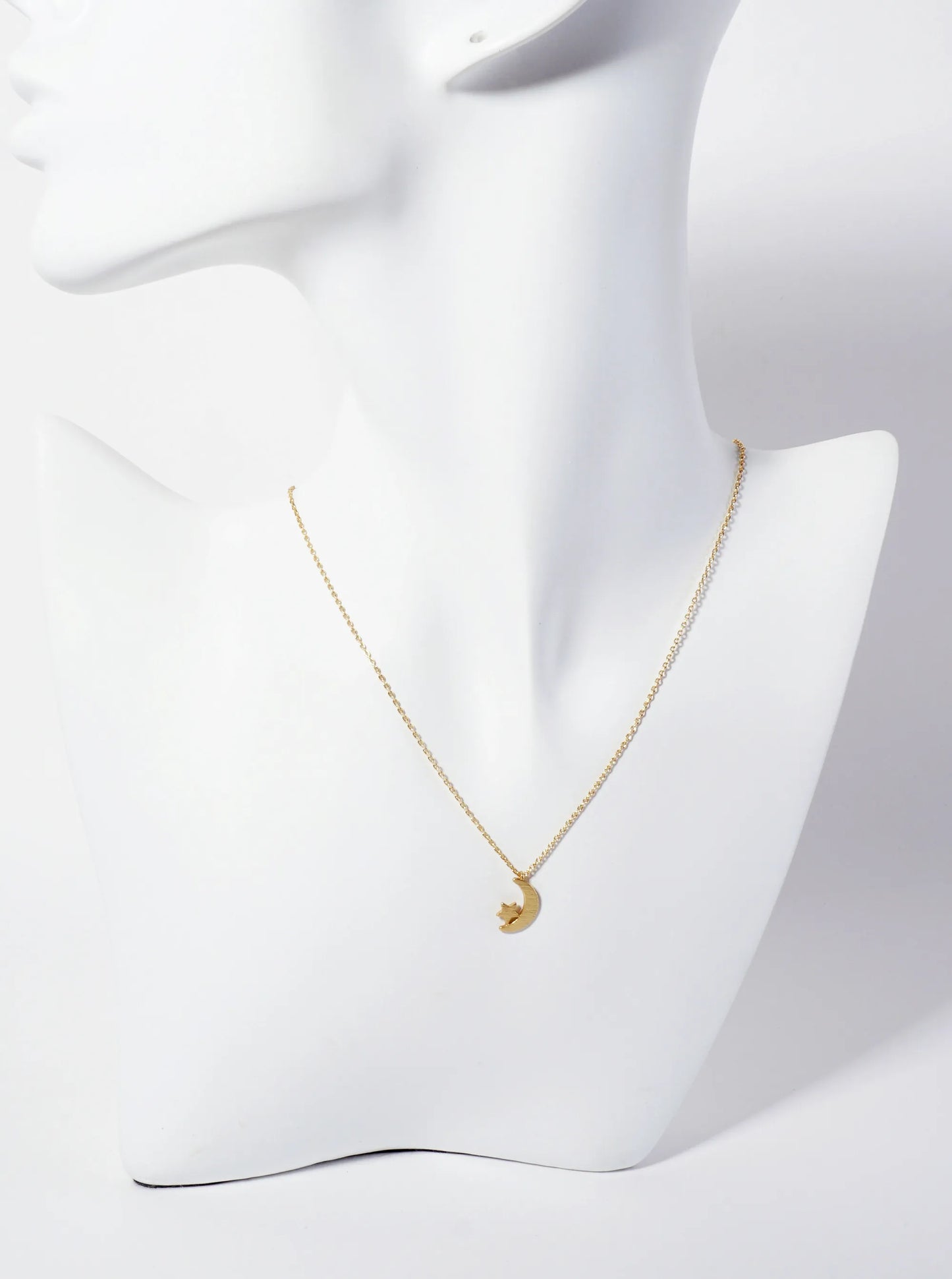 Celestial-Theme Brushed-Texture Moon And Star Pendant 18K-Gold-Dipped Necklace