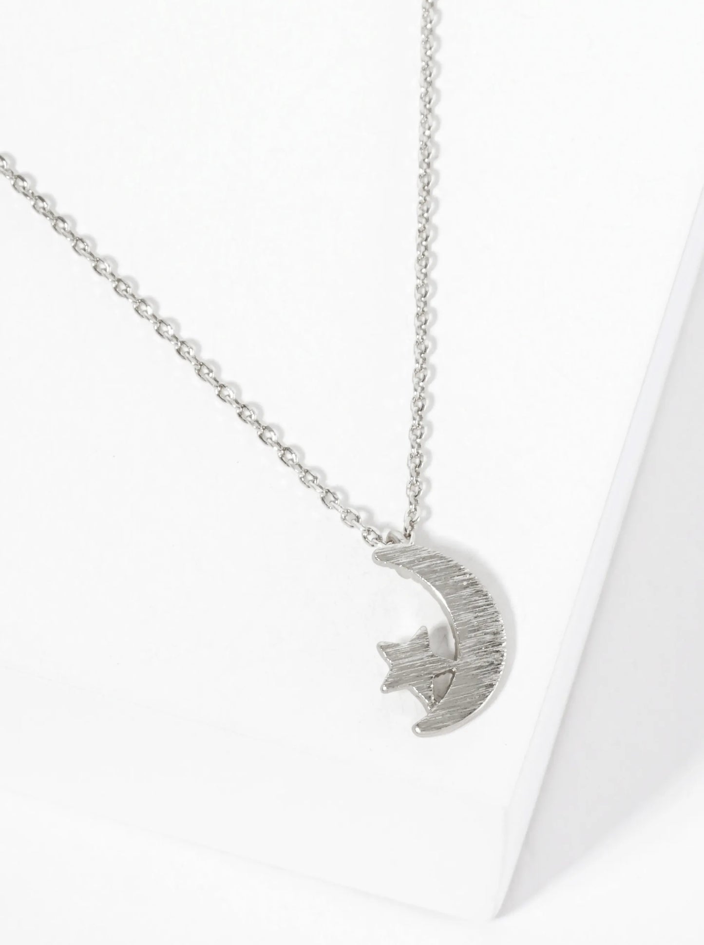 Celestial-Theme Brushed-Texture Moon And Star Pendant 18K-Gold-Dipped Necklace