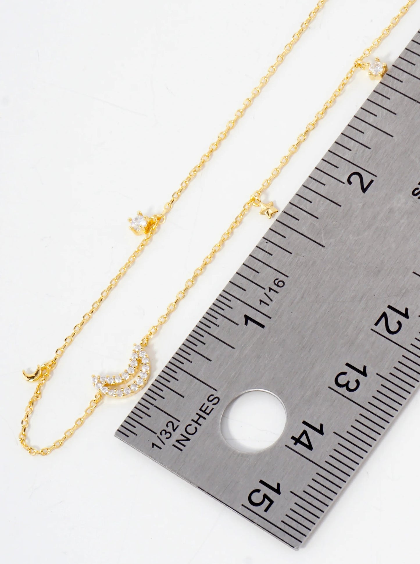 Celestial-Theme CZ Stones Moon Hypoallergenic 18K-Gold-Dipped Station Necklace