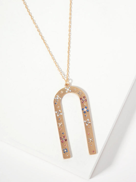 Celestial-Theme Crystal-Pave Arch-Shaped Geometric Pendant 30-inch Long Necklace