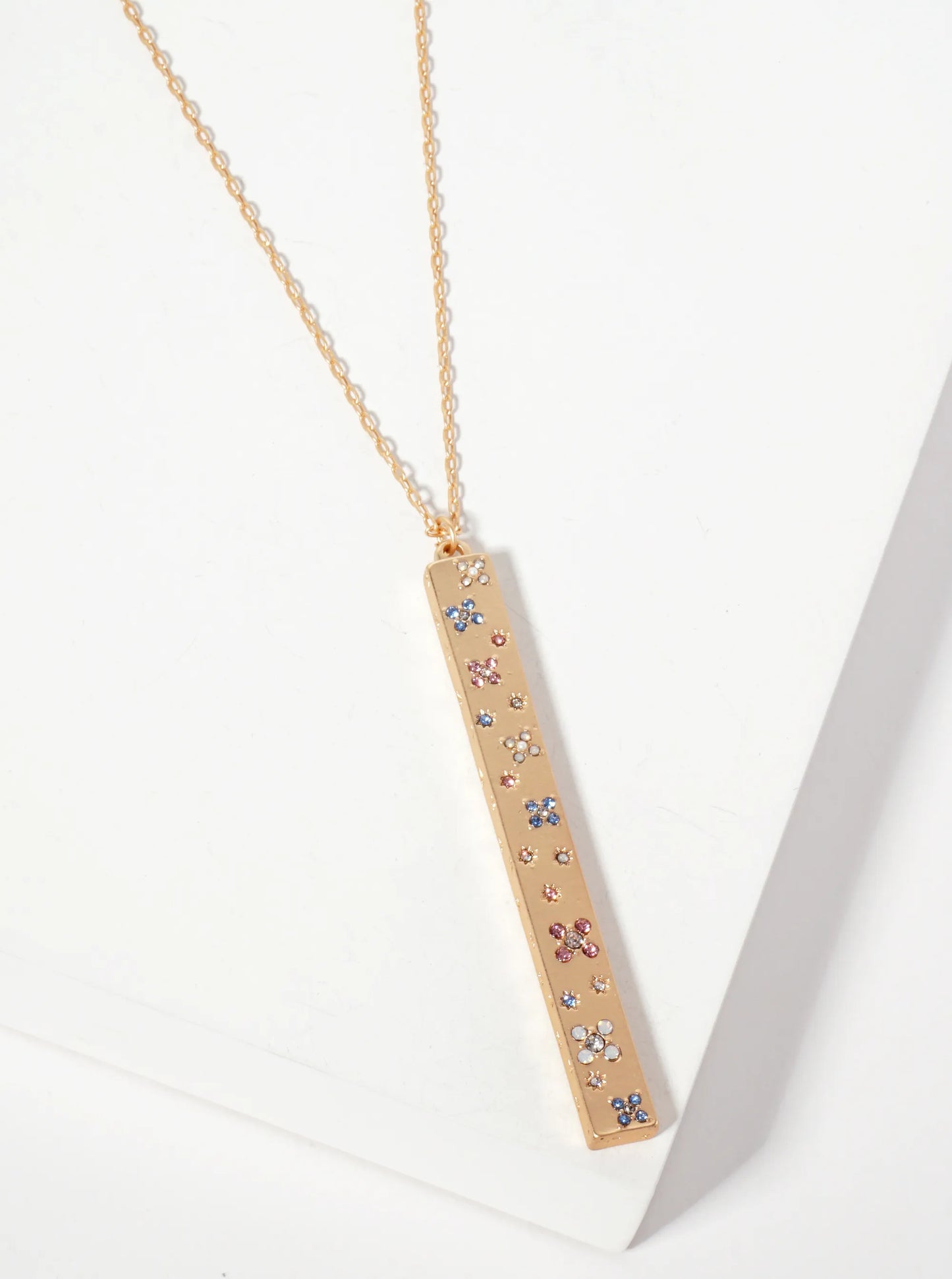 Celestial-Theme Crystal-Pave Bar Pendant 30-inch Long Necklace
