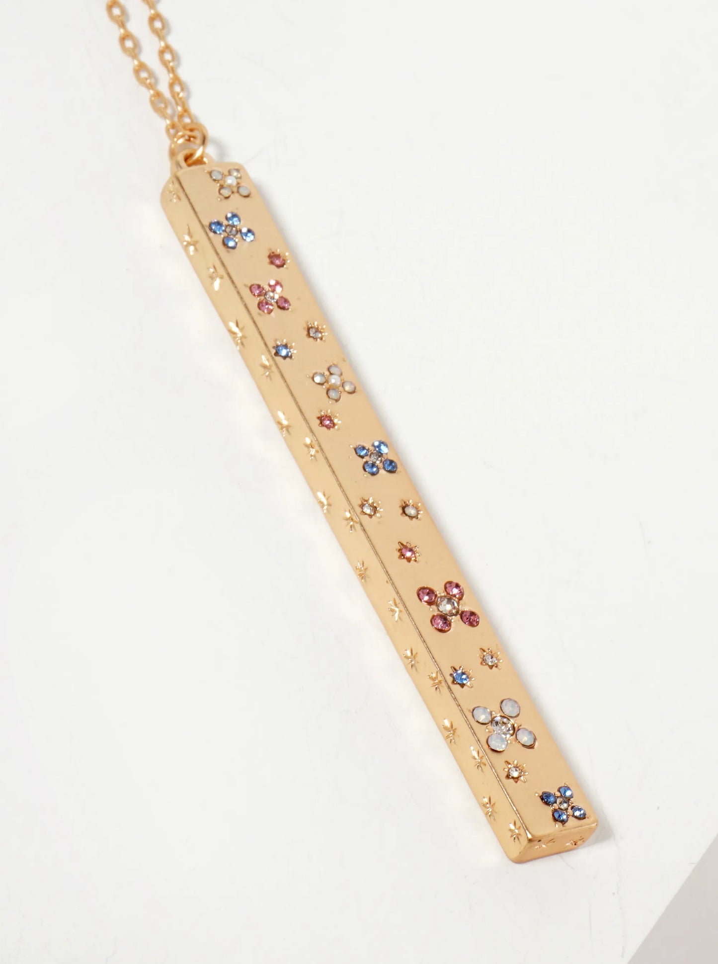 Celestial-Theme Crystal-Pave Bar Pendant 30-inch Long Necklace