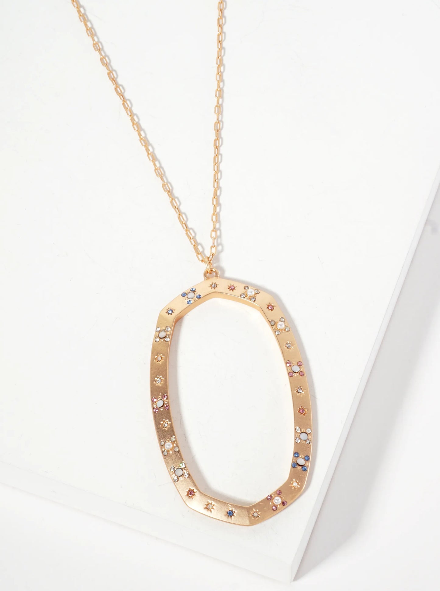 Celestial-Theme Crystal-Pave Hexagon Pendant 30-inch Long Necklace