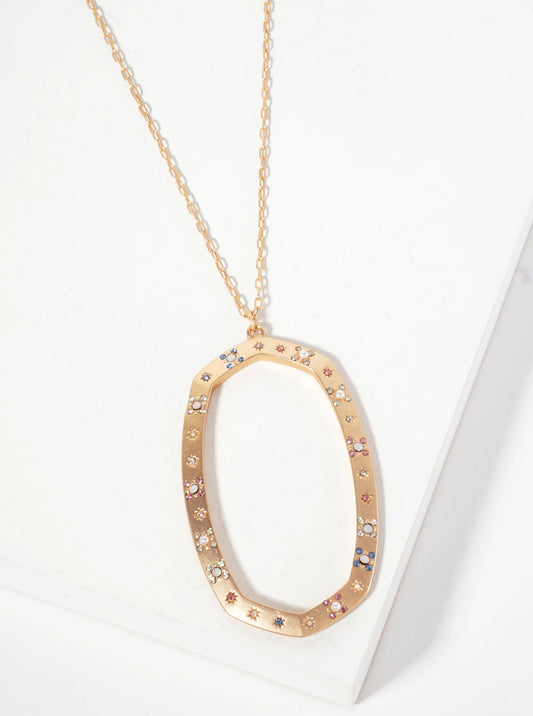Celestial-Theme Crystal-Pave Hexagon Pendant 30-inch Long Necklace