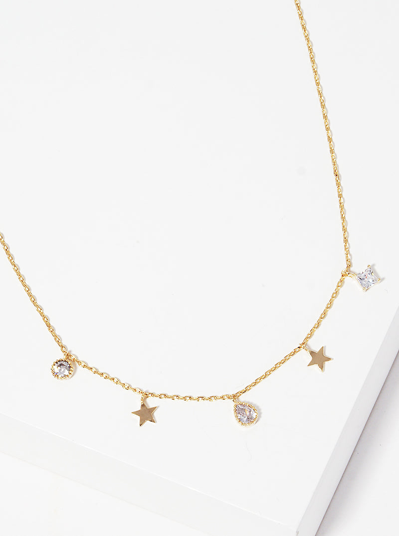 Celestial-Theme Cubic-Zirconia Star Charm Pendant 18K-Gold-Dipped Necklace