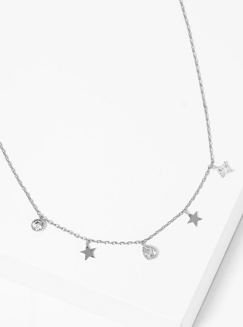 Celestial-Theme Cubic-Zirconia Star Charm Pendant 18K-Gold-Dipped Necklace