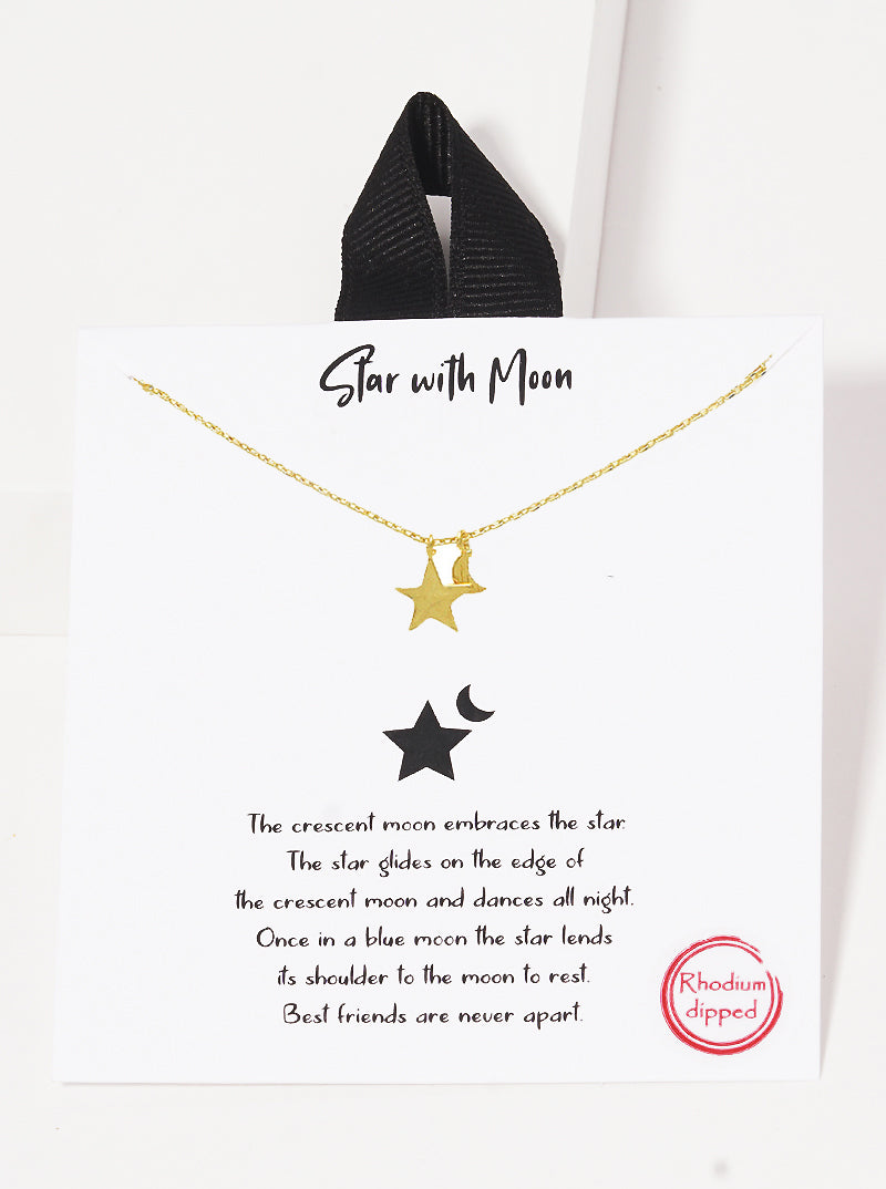 Celestial-Theme Dainty Star And Moon Pendant 18K Gold Dipped Necklace