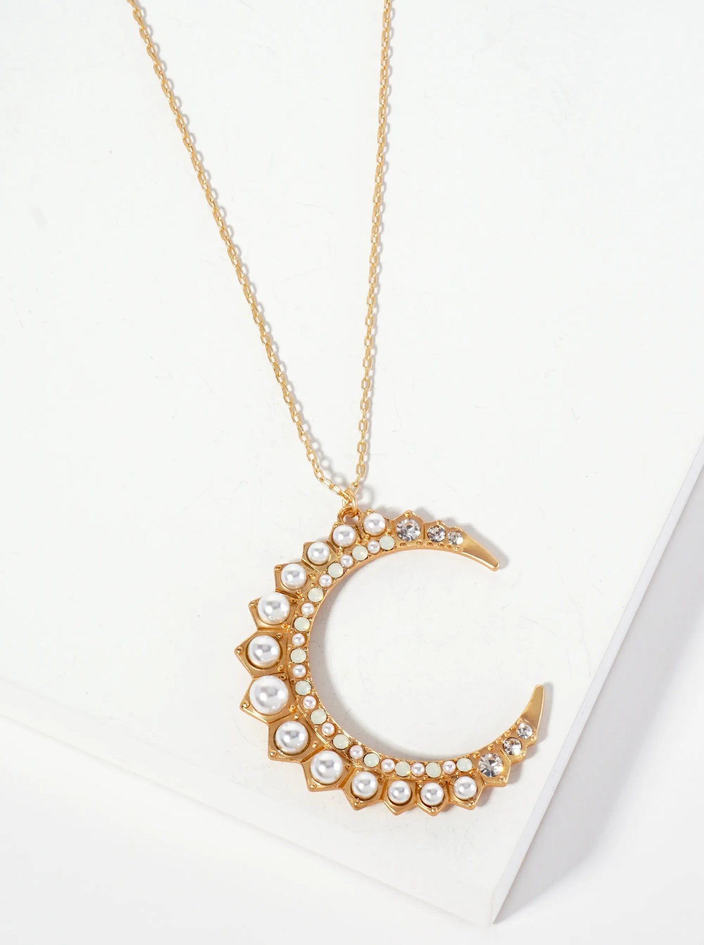 Celestial-Theme Glass-Beaded Crescent Moon Pendant 30-inch Long Necklace