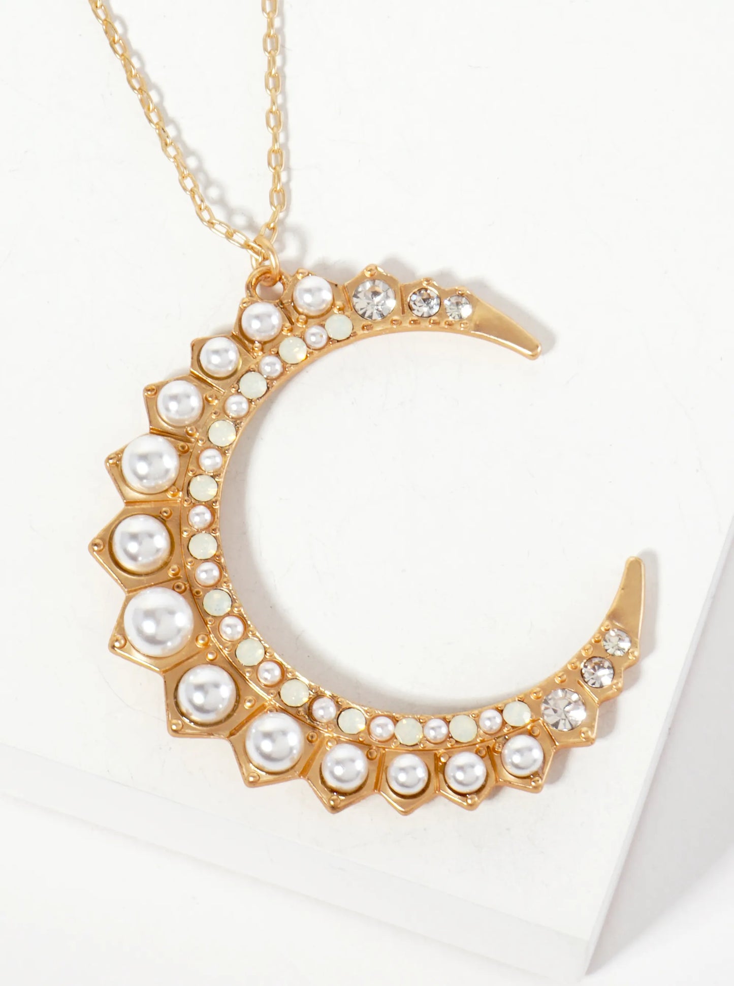 Celestial-Theme Glass-Beaded Crescent Moon Pendant 30-inch Long Necklace