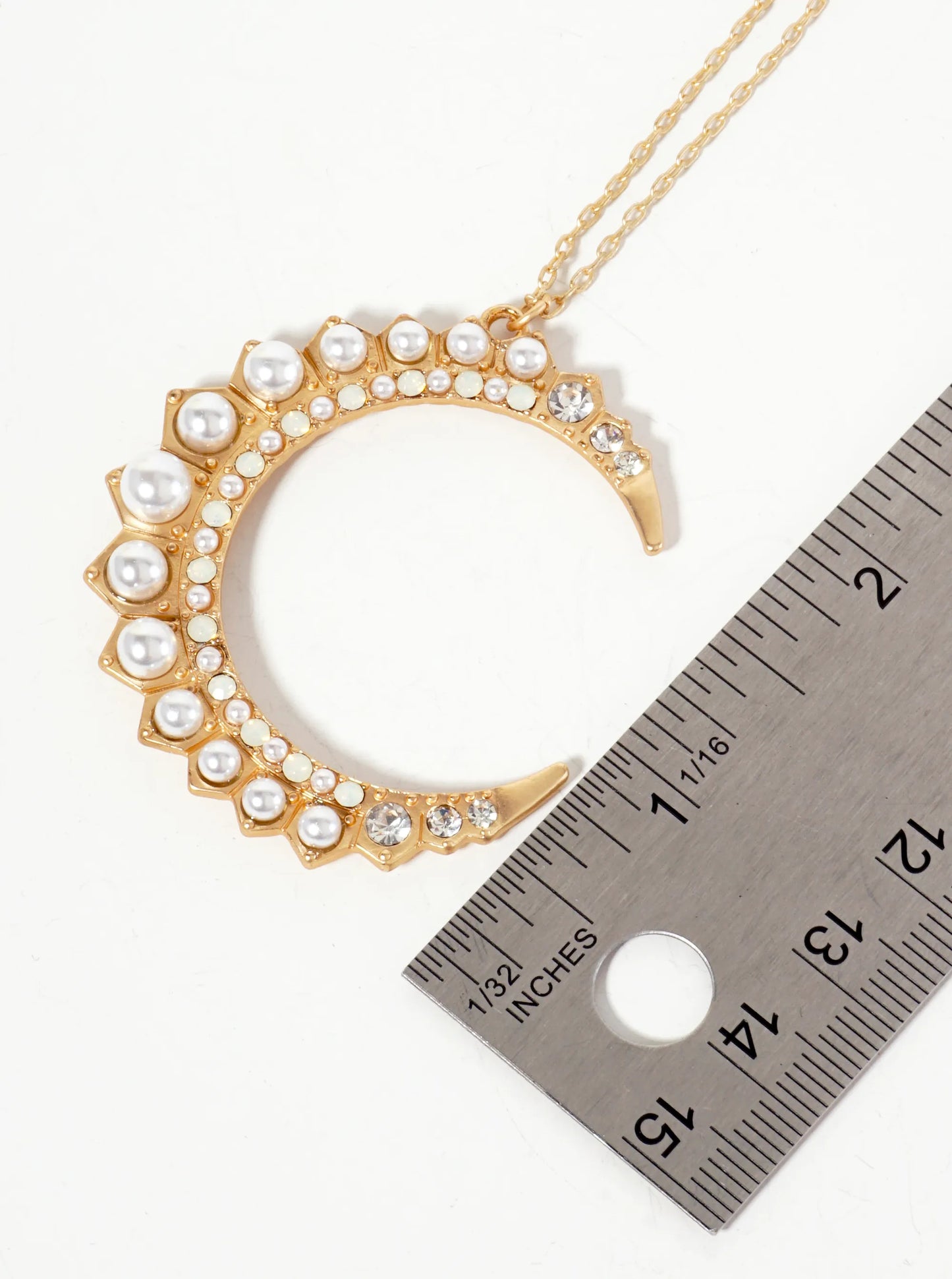 Celestial-Theme Glass-Beaded Crescent Moon Pendant 30-inch Long Necklace