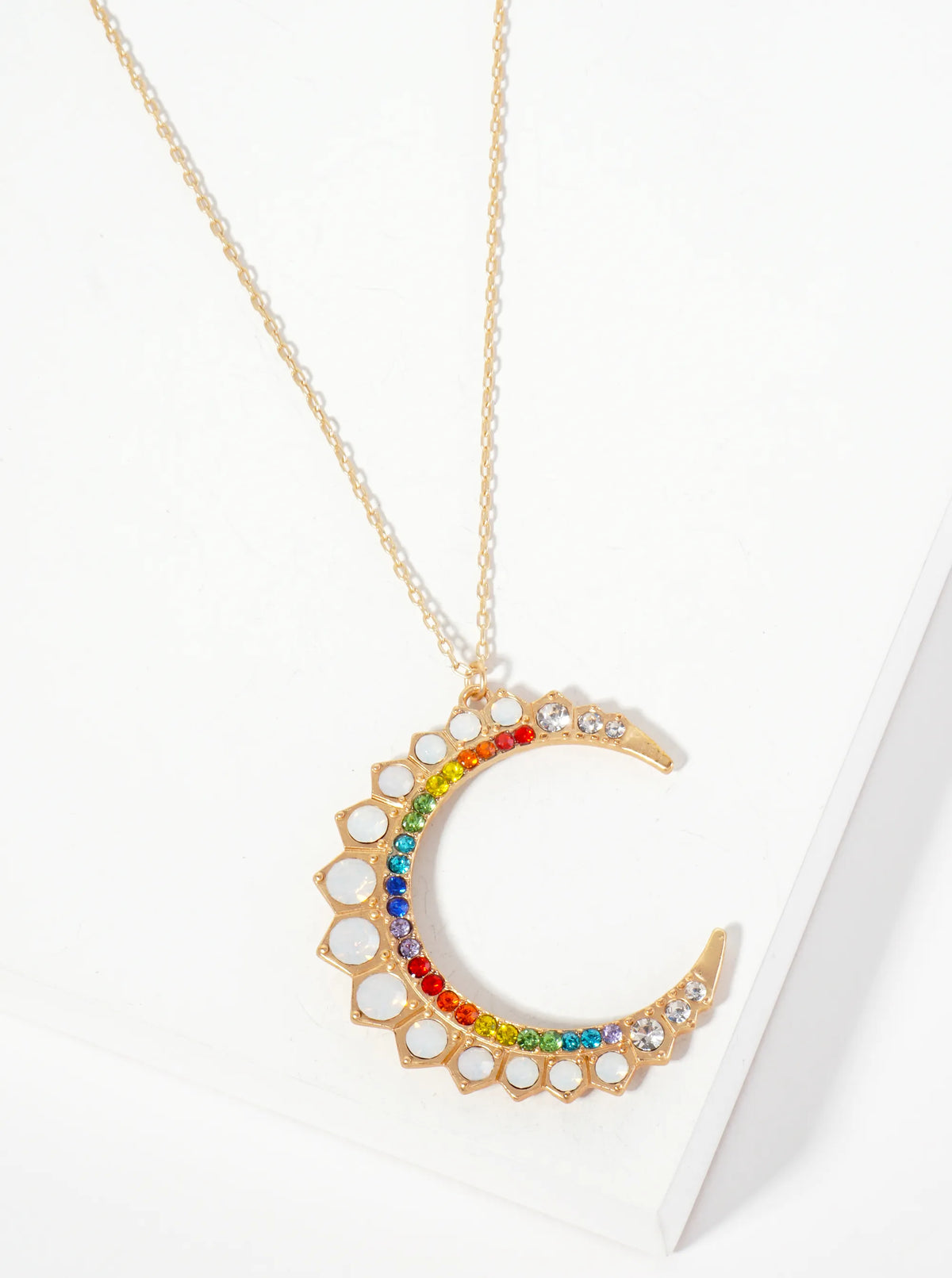 Celestial-Theme Glass-Beaded Crescent Moon Pendant 30-inch Long Necklace