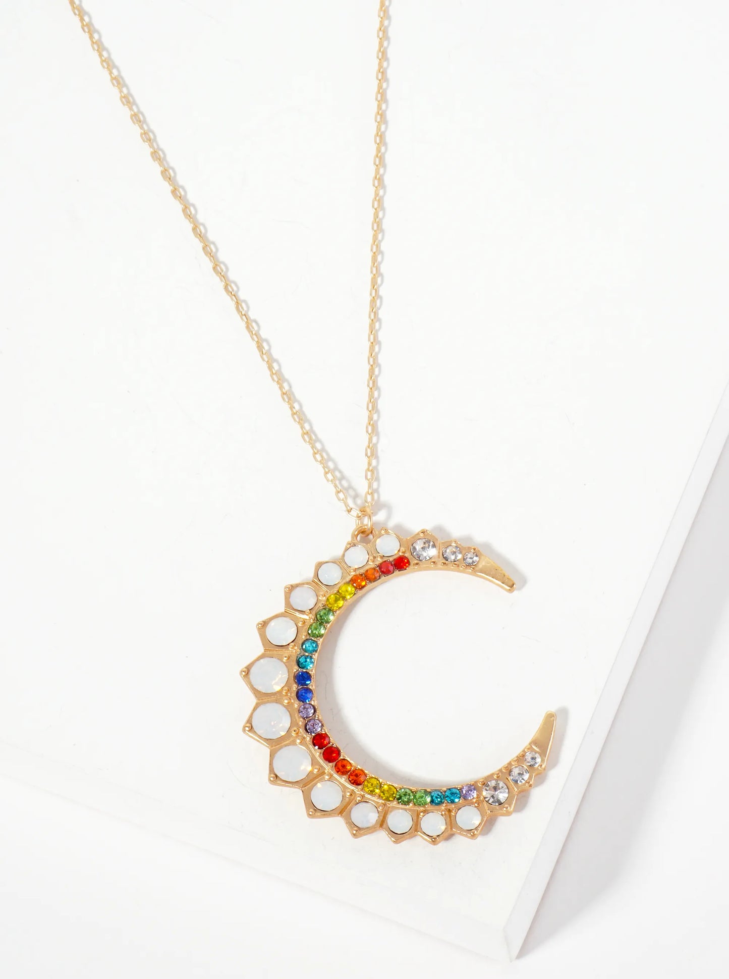 Celestial-Theme Glass-Beaded Crescent Moon Pendant 30-inch Long Necklace