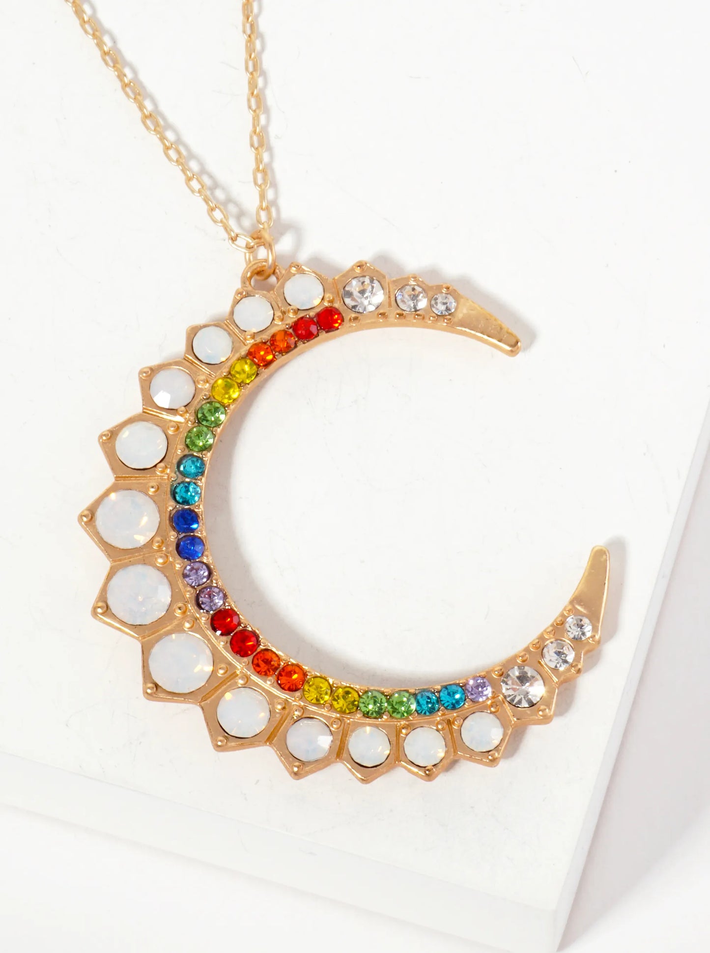 Celestial-Theme Glass-Beaded Crescent Moon Pendant 30-inch Long Necklace