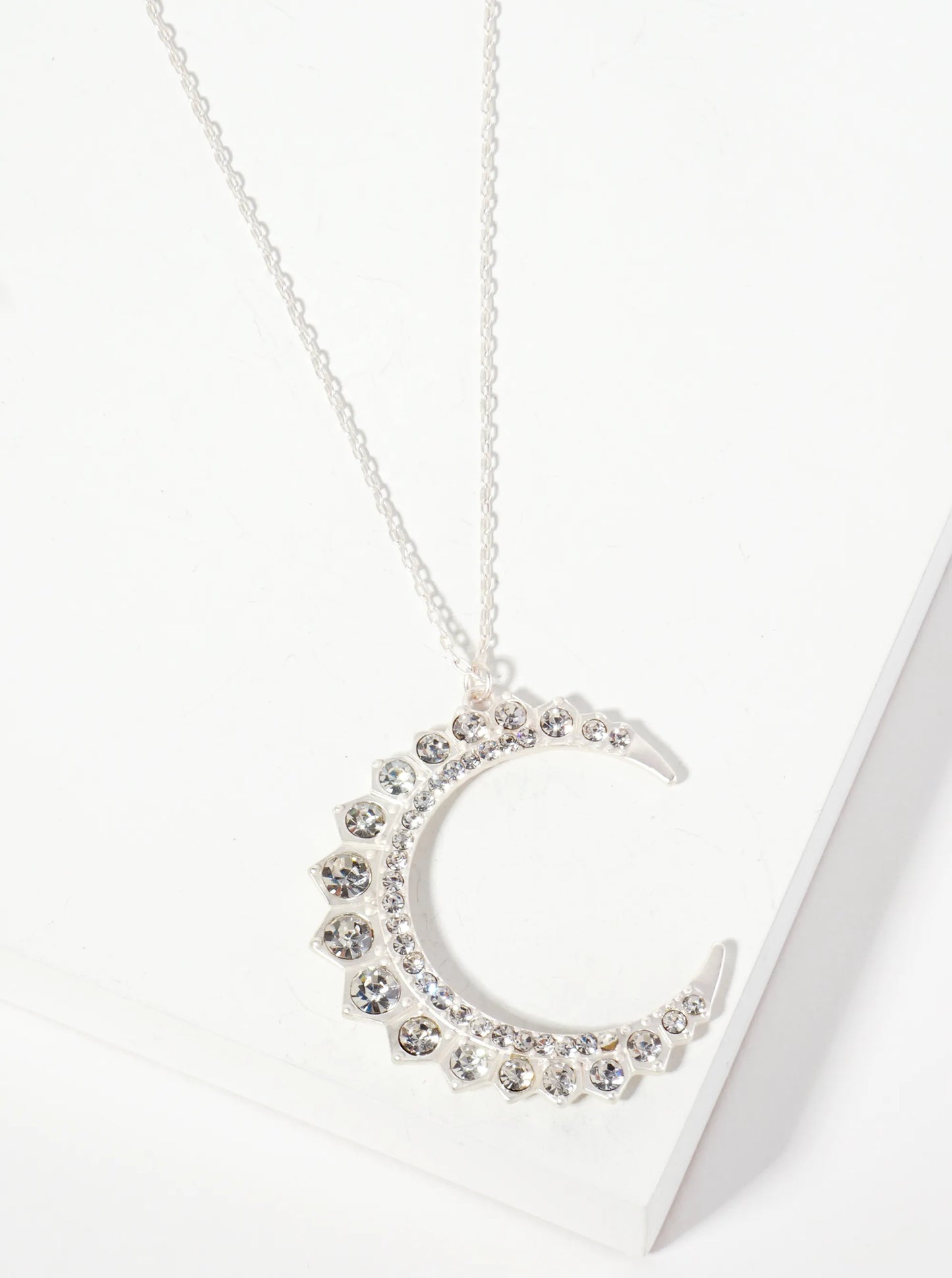 Celestial-Theme Glass-Beaded Crescent Moon Pendant 30-inch Long Necklace