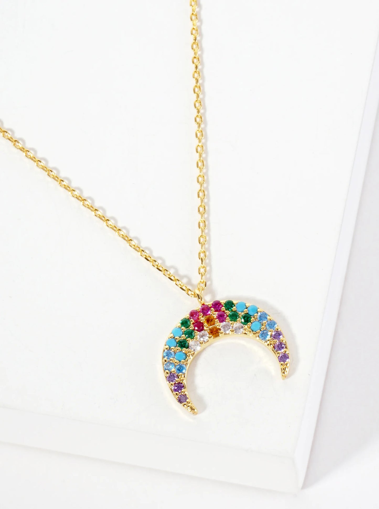 Celestial-Theme Pave-Set Cubic-Zirconia Crescent Moon Pendant 18K-Gold-Dipped Necklace