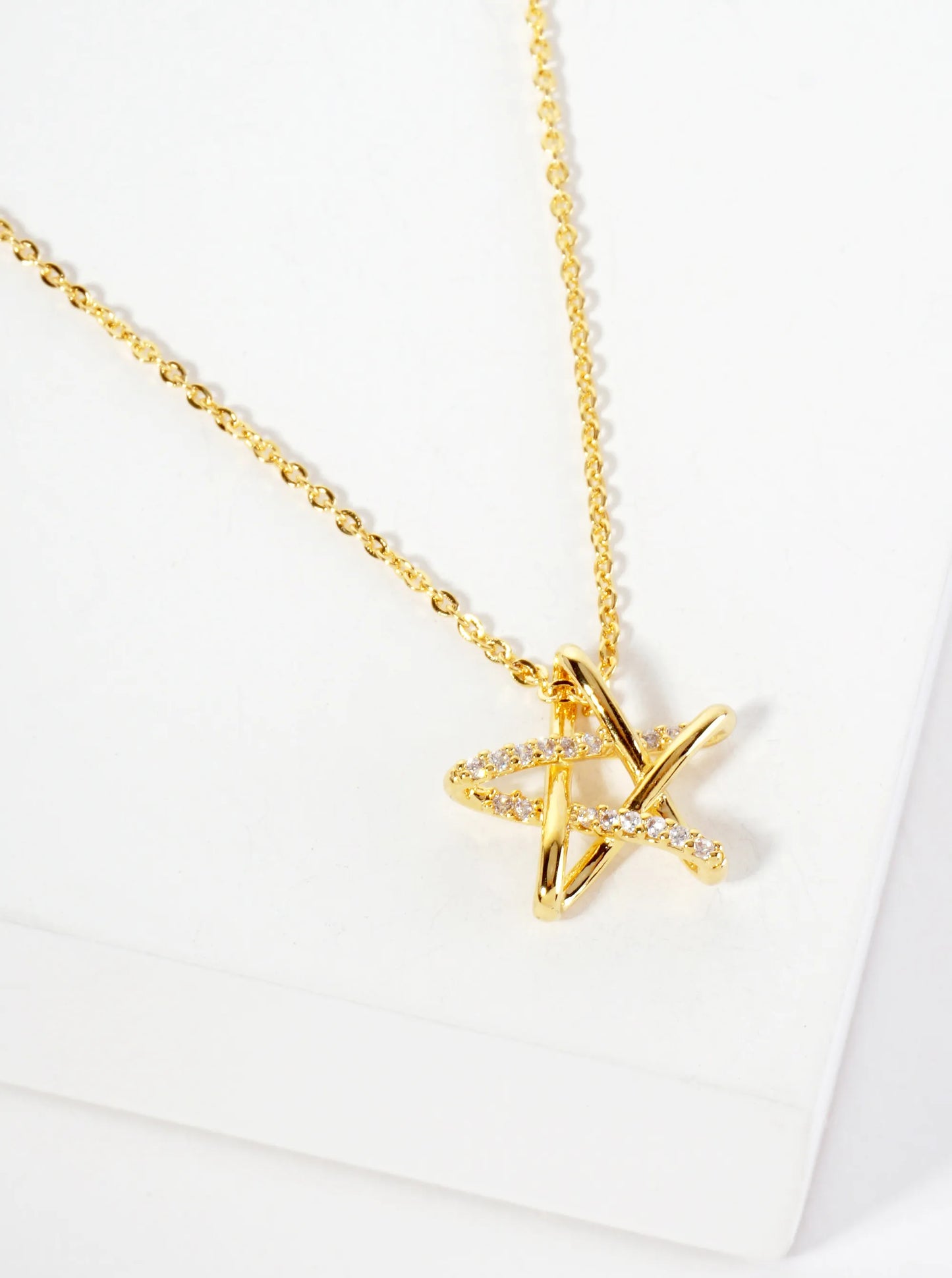 Celestial-Theme Pave-Set Cubic-Zirconia Star Pendant 18K-Gold-Dipped Necklace