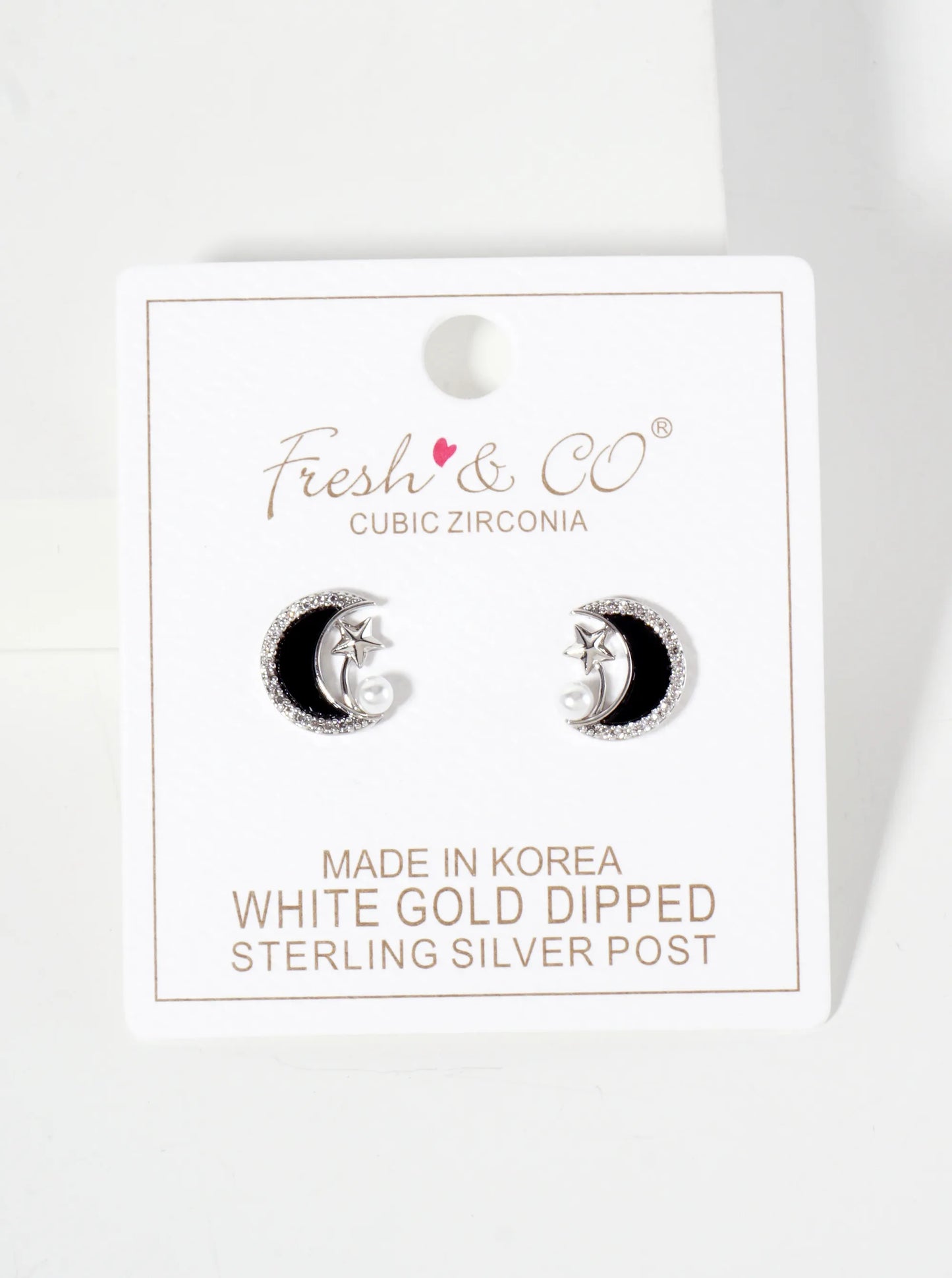 Celestial-Theme Pearl Pave-Set Cubic-Zirconia Crescent Moon 18K-Gold-Dipped Stud Earrings