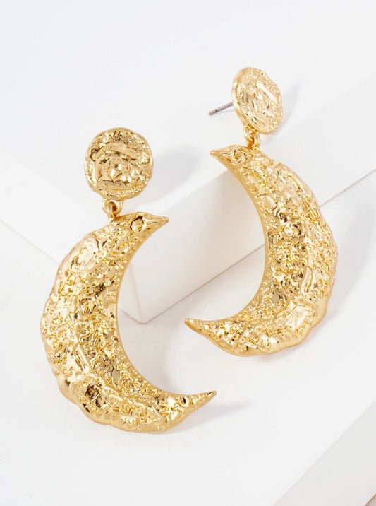 Celestial-Theme Textured Chunky Crescent Moon Drop Dangle Earrings With-Titanium-Post