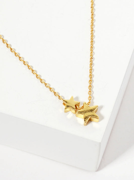 Celestial-Theme Two Stars Pendant 18K-Gold-Dipped Necklace