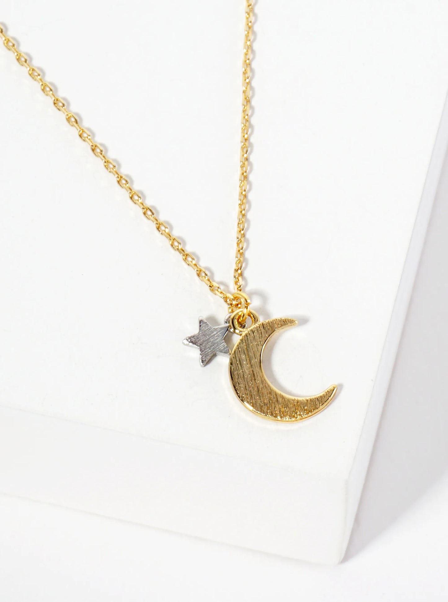 Celestial-theme 18K-Gold-Dipped Brass Brushed-Texture Dual-Tone Star-and-Moon Pendant Necklace