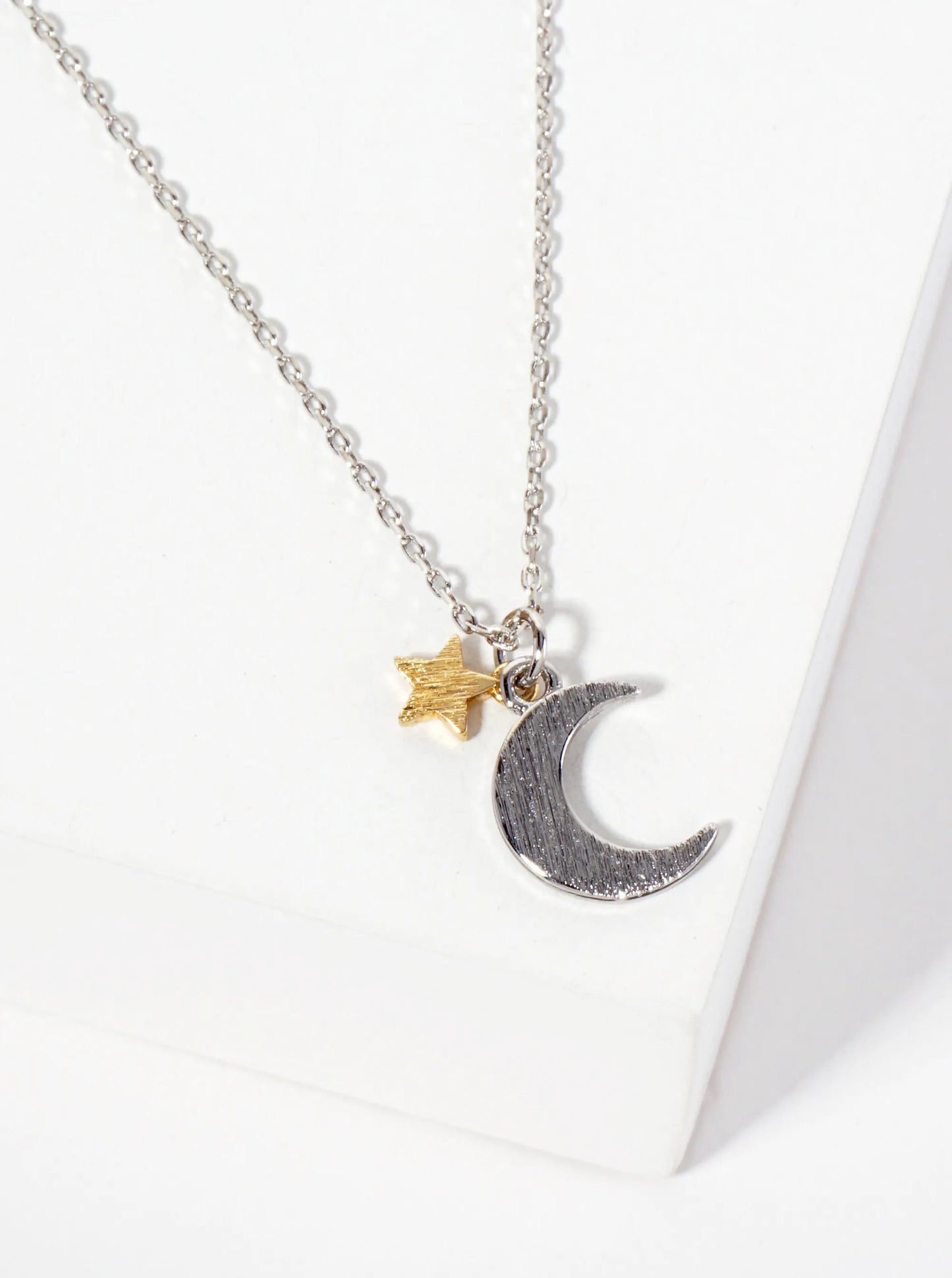 Celestial-theme 18K-Gold-Dipped Brass Brushed-Texture Dual-Tone Star-and-Moon Pendant Necklace