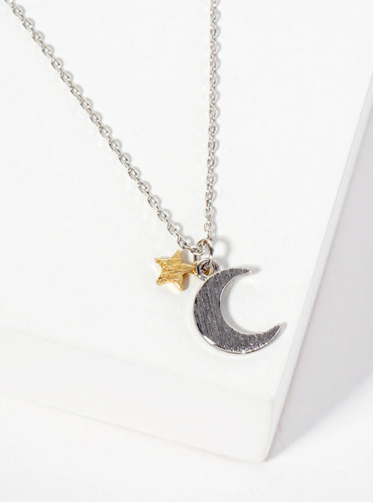 Celestial-theme 18K-Gold-Dipped Brass Brushed-Texture Dual-Tone Star-and-Moon Pendant Necklace