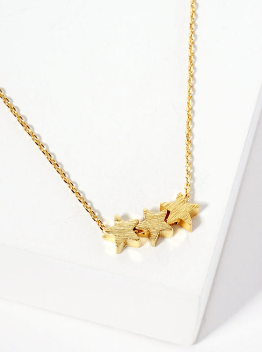 Celestial-theme 18K-Gold-Dipped Brass Brushed-Texture Three Stars Pendant Necklace