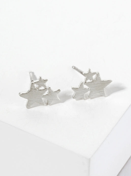 Celestial-theme 18K-Gold-Dipped Brass Brushed-Texture Three Stars Stud Earrings