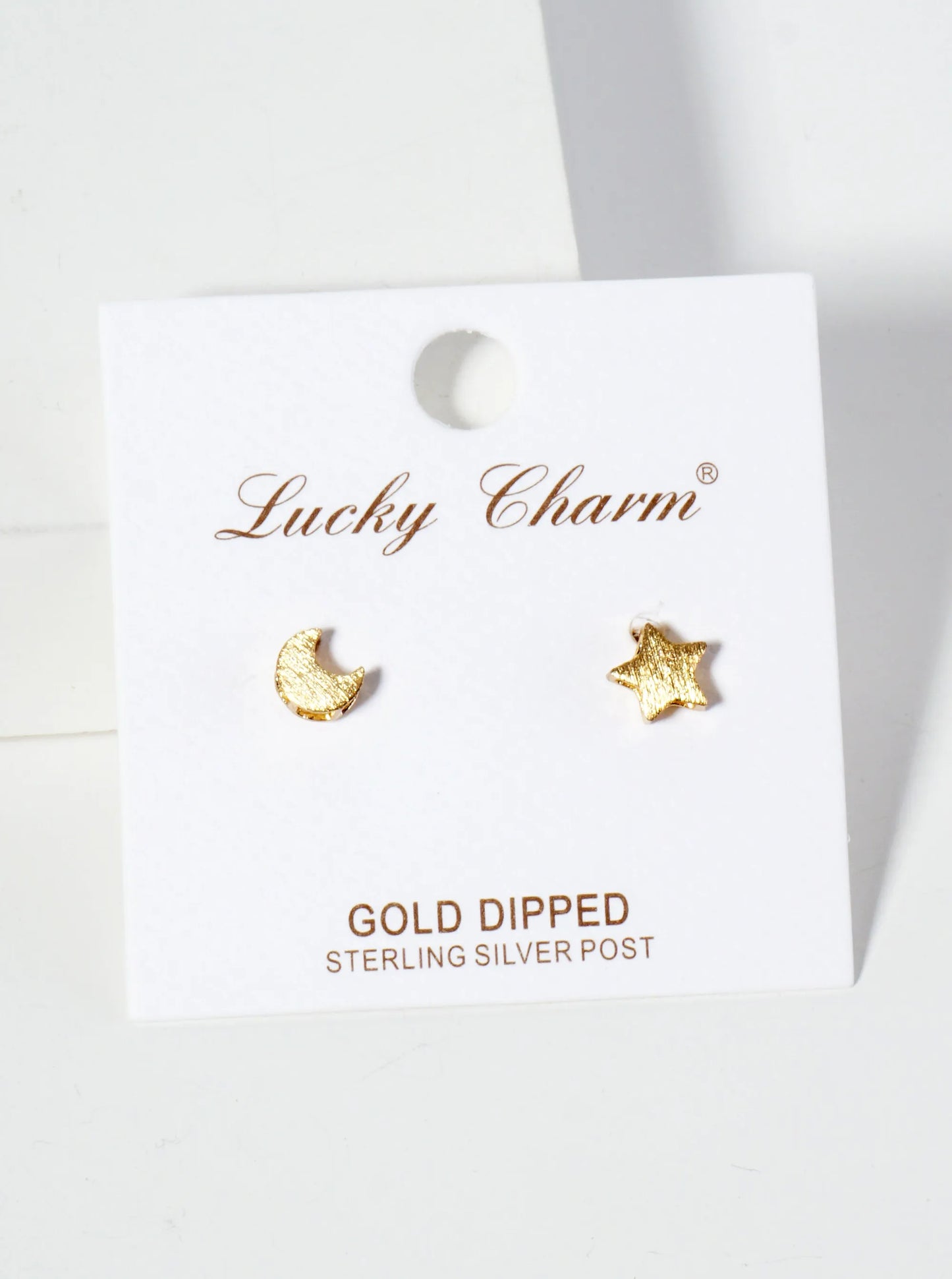 Celestial-theme 18K-Gold-Dipped Brushed-Texture Brass Star And Moon Stud Earrings
