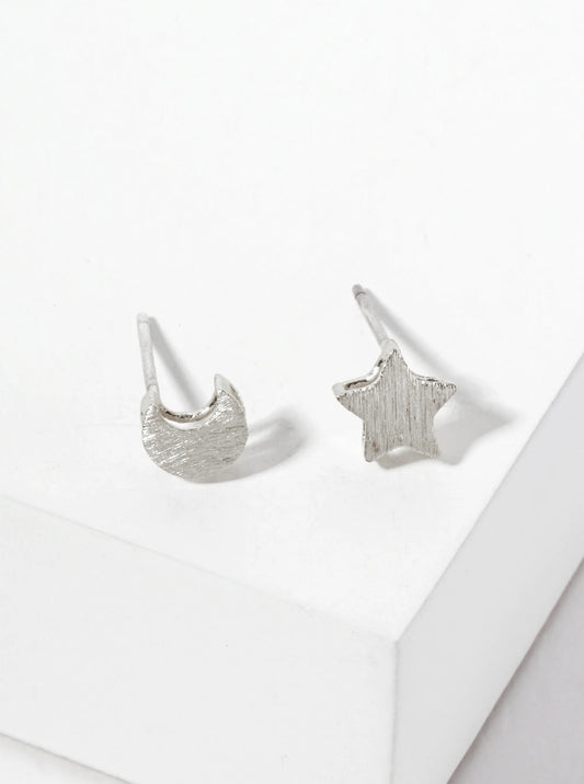 Celestial-theme 18K-Gold-Dipped Brushed-Texture Brass Star And Moon Stud Earrings