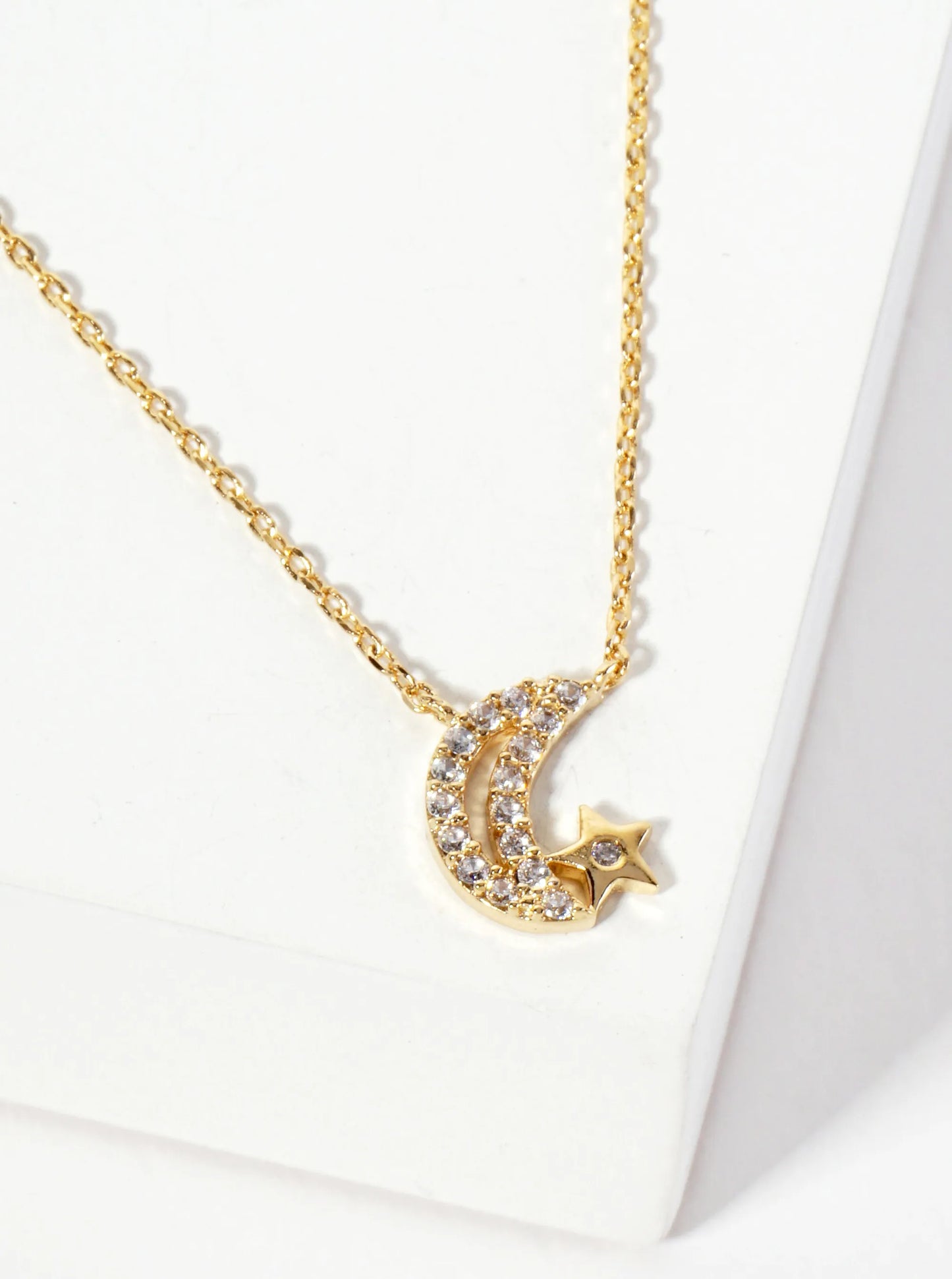 Celestial-theme 18K-Gold-Dipped Cubic-Zirconia Moon And Star Pendant Necklace