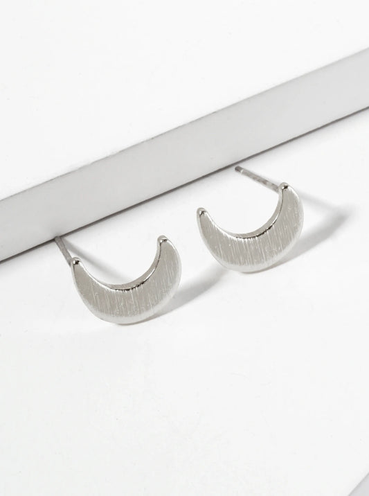 Celestial-theme Brass Brushed-Texture Crescent-Moon Stud Earrings
