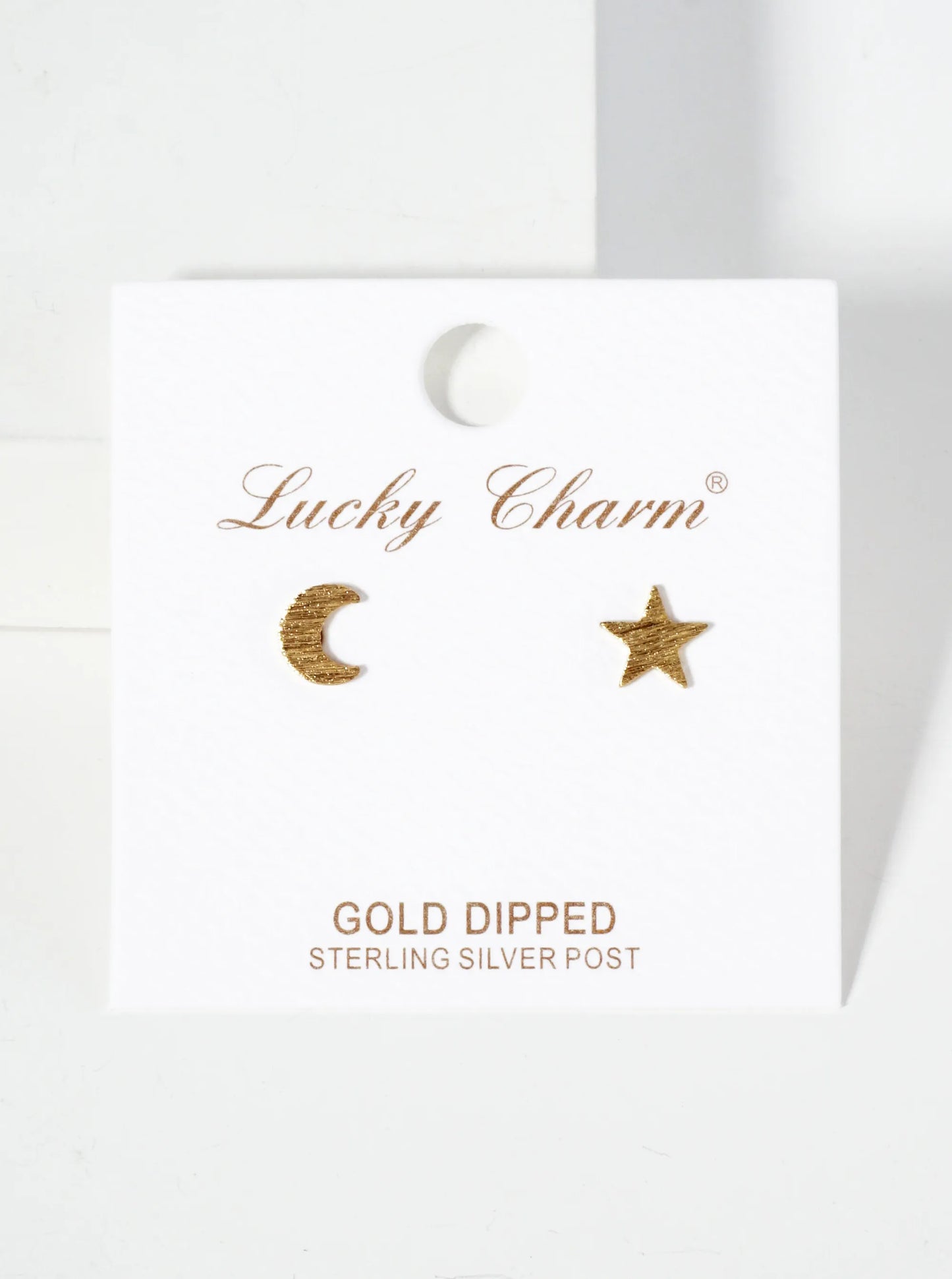 Celestial-theme Brass Brushed-texture Moon And Star 18K-Gold-Dipped Stud Earrings