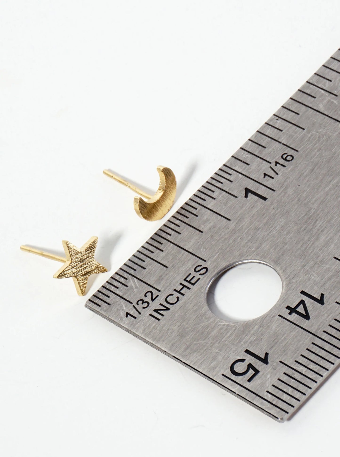 Celestial-theme Brass Brushed-texture Moon And Star 18K-Gold-Dipped Stud Earrings