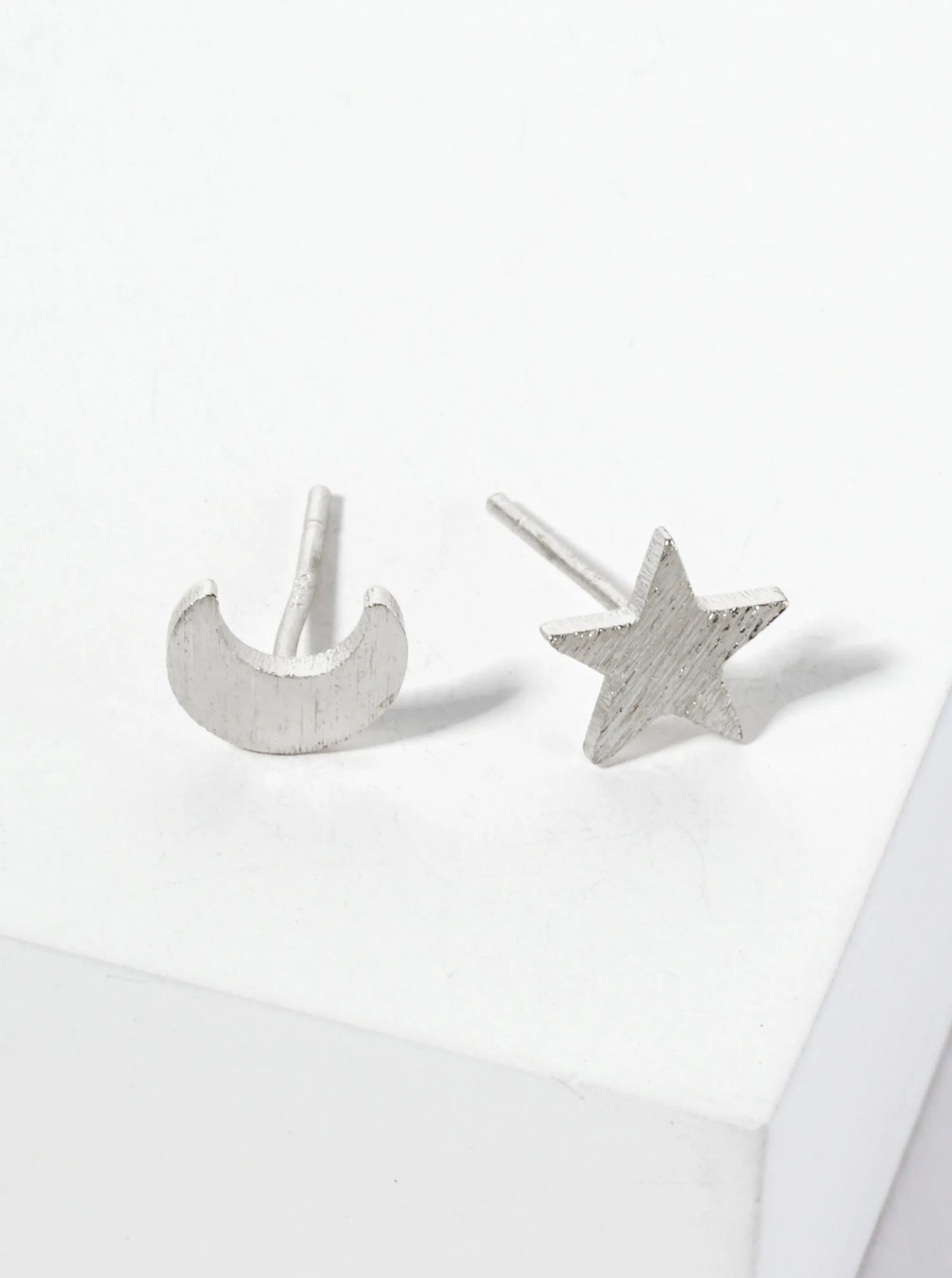 Celestial-theme Brass Brushed-texture Moon And Star 18K-Gold-Dipped Stud Earrings