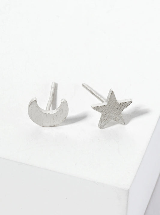 Celestial-theme Brass Brushed-texture Moon And Star 18K-Gold-Dipped Stud Earrings
