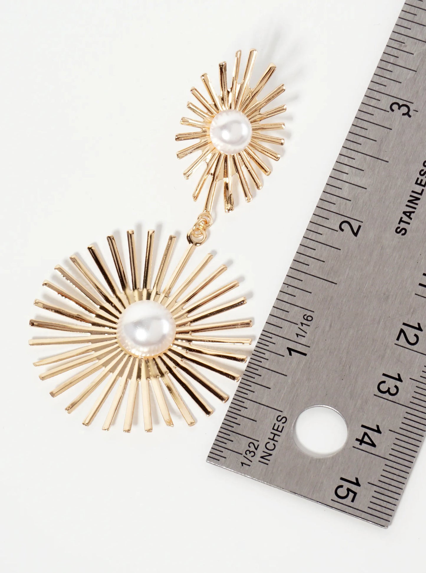 Celestial-theme Textured Double Starburst Pearl Drop Dangle Earrings