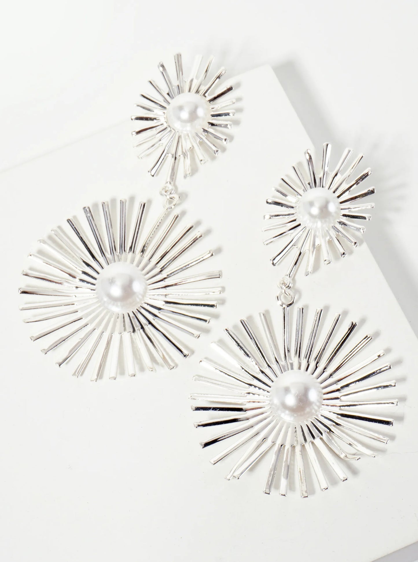 Celestial-theme Textured Double Starburst Pearl Drop Dangle Earrings