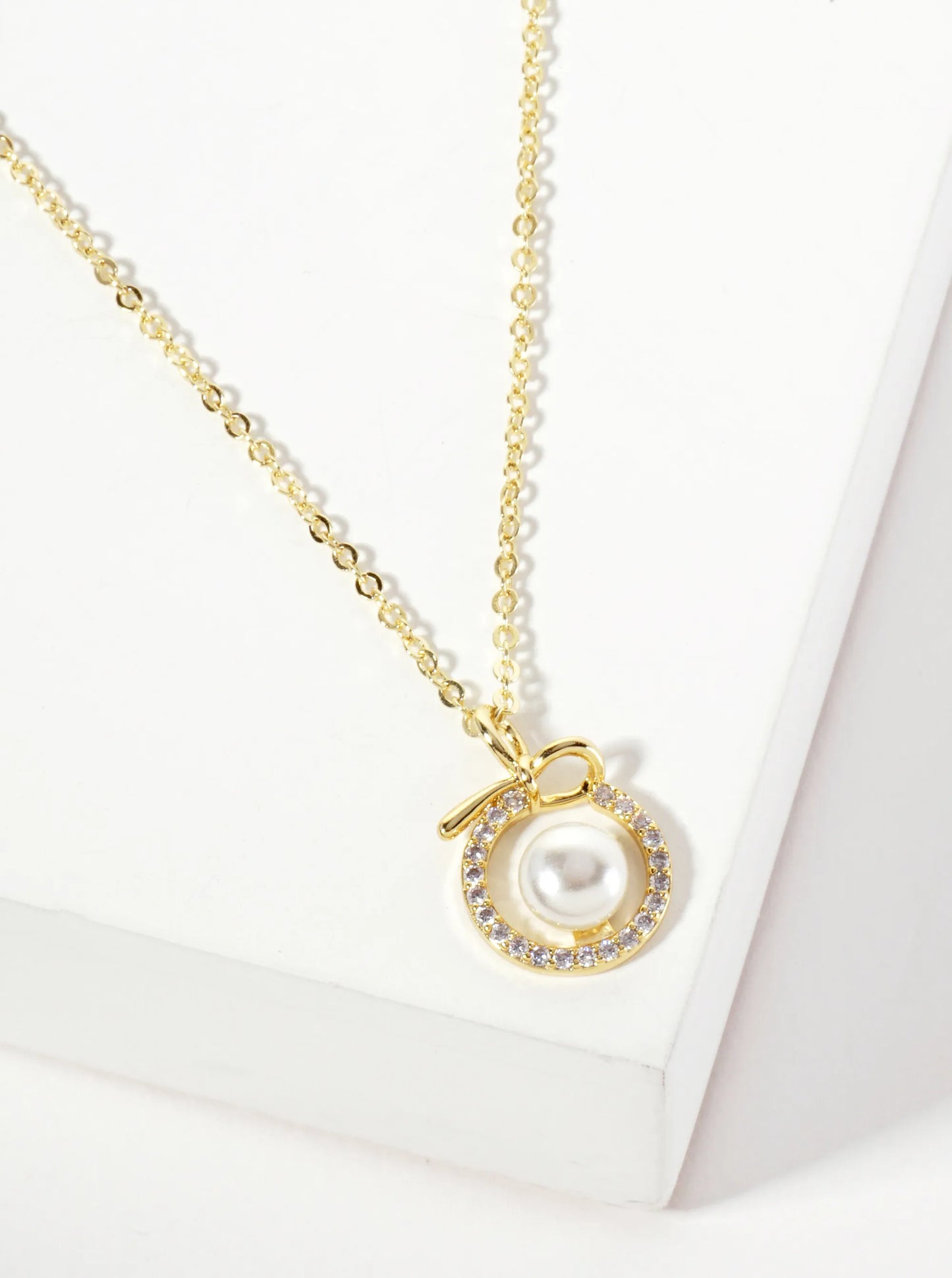 Center Pearl Point Pave-Set Circle Bow Pendant 18K-Gold-Dipped Brass Necklace