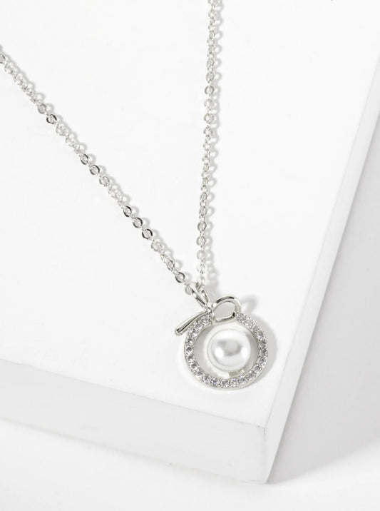 Center Pearl Point Pave-Set Circle Bow Pendant 18K-Gold-Dipped Brass Necklace